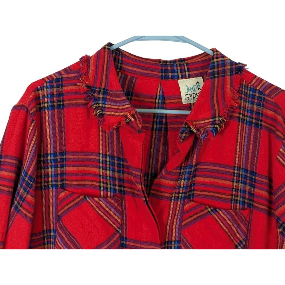 Jaded Gypsy Women size S/M Button Front Flannel Shirt Red Plaid Fringe Hippie - Picture 3 of 12